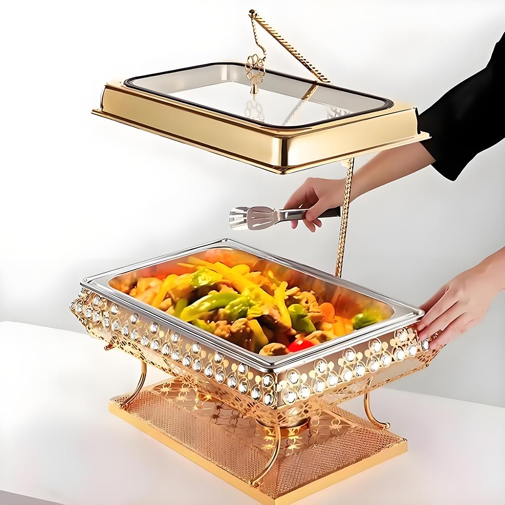 Calentador de Buffet Dorado de Acero Inoxidable, diseño de Tapa Colgante, Bandeja Comercial para Calentar Alimentos, Adecuado para restaurantes de hoteles, Banquetes y Fiestas