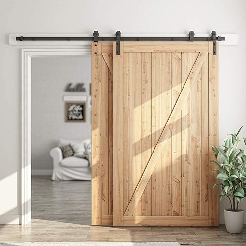 Miniatura 2 de SMARTSTANDARD Kit de herrajes para puertas corredizas de granero de 8 pies  para puertas dobles de madera  pista única  Suave y silenciosamente