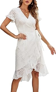 Women's Classic Floral Lace V Neck Wrap Dress Wedding Guest Ruffle Hem Split High Low Midi Cocktail Dresses 942