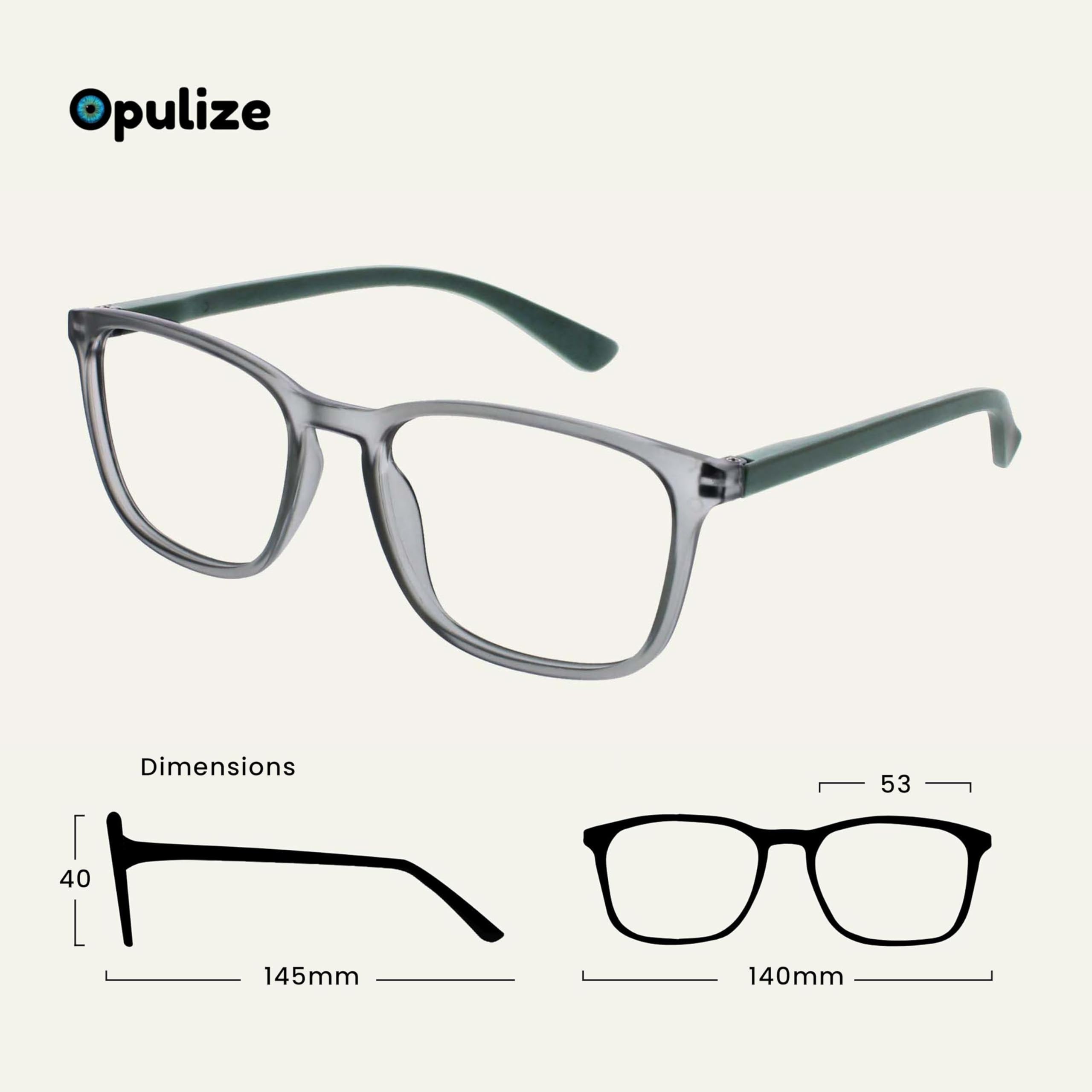 OPULIZE Max Reading Glasses, Classic Large Rectangular Frame, Matt Transparent Grey with Green Arms, Men's Women's Unisex - Image 2