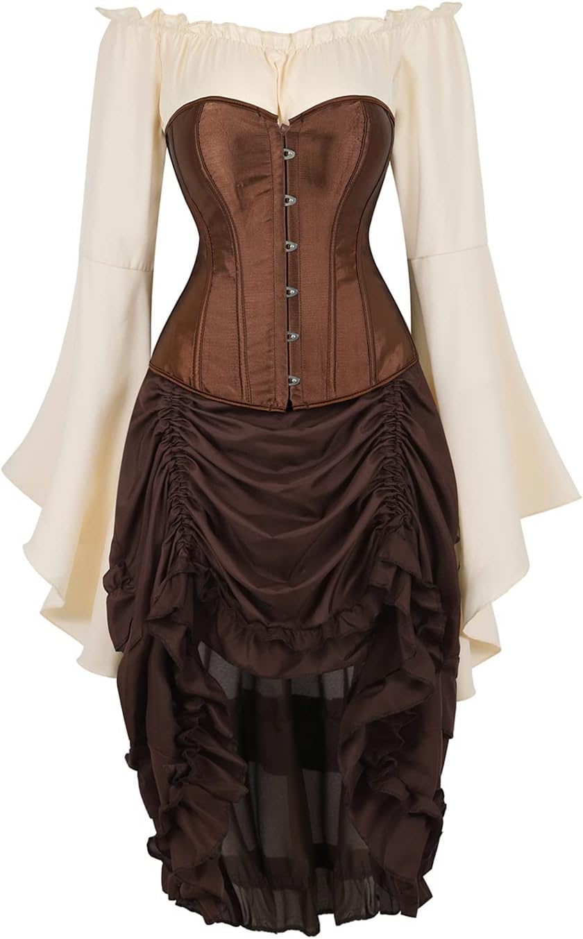 Grebrafan Satin Corset Pirate Skirt with Blouse Steampunk Corsets Bustiers Costume