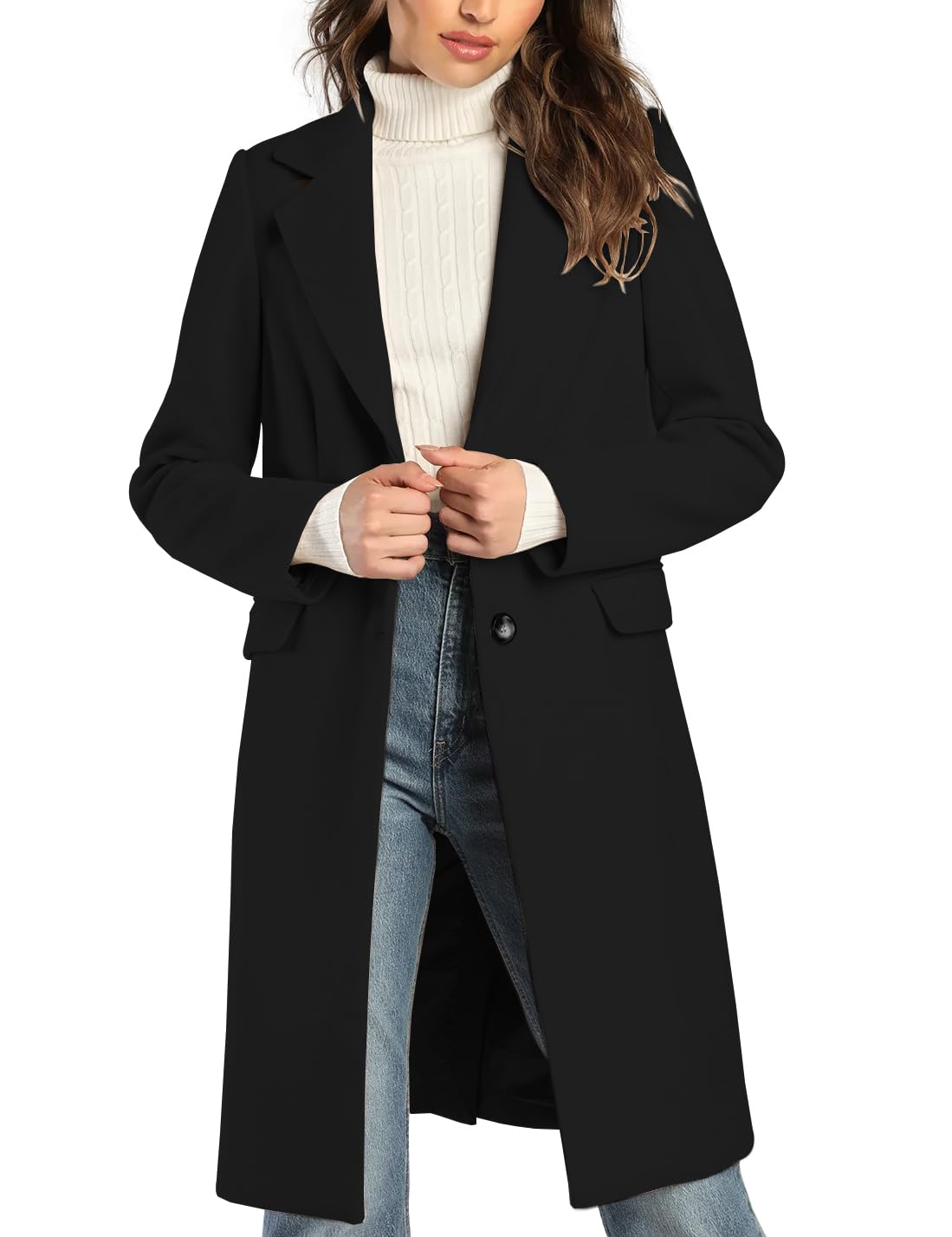 IDEALSANXUN Womens Wool Coats Fall Winter Notch Lapel Trench Coat Long Blazer Jackets Black L
