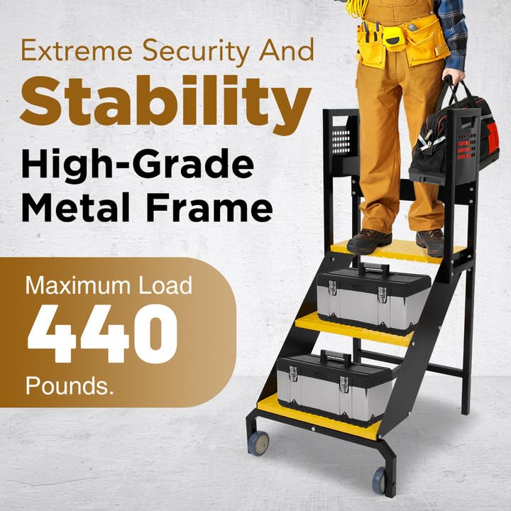 Image of biosp 3-Step Mobile Heavy Duty Ladder with Wheels, Long Handrails, 440lbs Rolling Non-Slip Stairs, Step Stool with Fence, Steel Stepladder for Garage, Factory, Warehouse, 21.7 inch Top Step Height