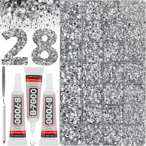 36000Pcs Silver Clear Rhinestones Gems for Bedazzling Mixed Sizes 2-6MM Flatback Crystal Bedazzler Kit with B7000 Glue Flat Back Resin Diamond Gemstone Gem Jewel Rhine Stone for Crafting Clothes