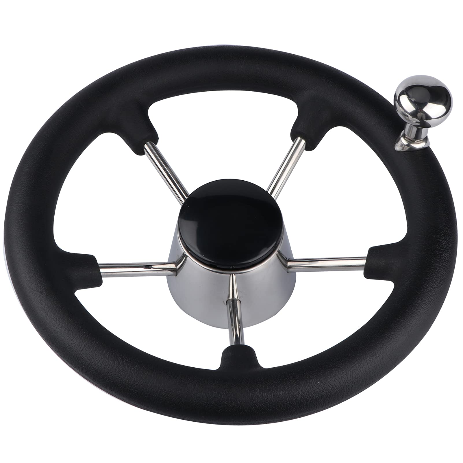 Stainless Steel 11" Boat Steering Wheel with Black Foam Grip, 5 Spoke Destroyer Control Wheel with Knob