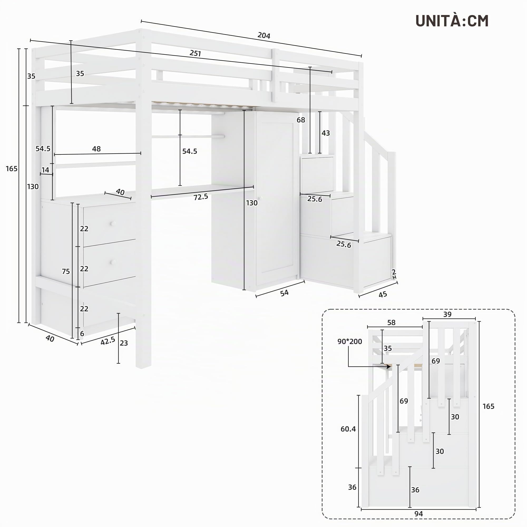 Letto a castello 90 x 200 cm con scrivania e armadio, scala, letto a soppalco multifunzionale per bambini, dotato di cassetti e ripostiglio a scala, ampio spazio di archiviazione, senza