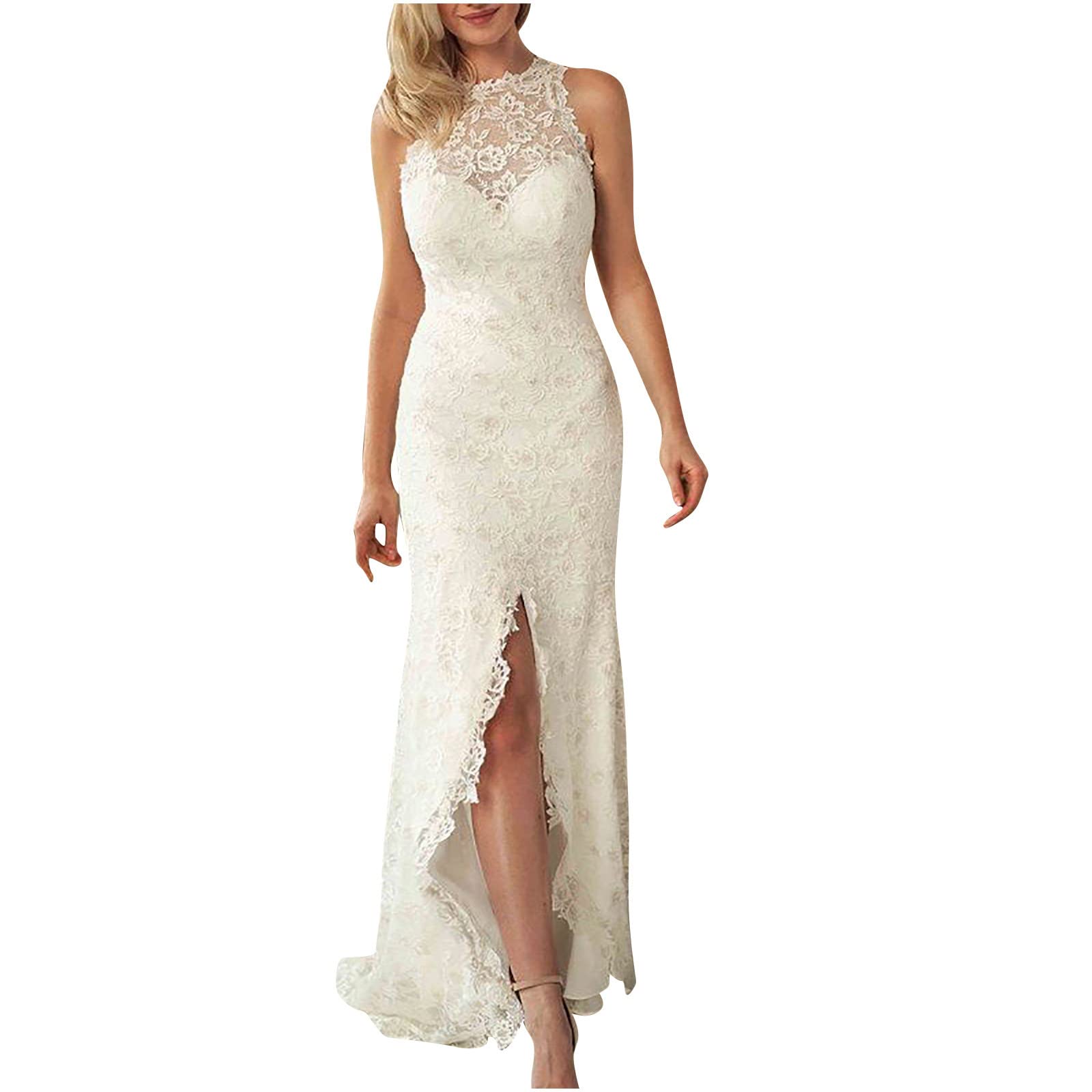 Women's White Floral Lace Slit Mermaid Wedding Dresses for Bride Summer Sleeveless Slim Maxi Long Bridal Gown
