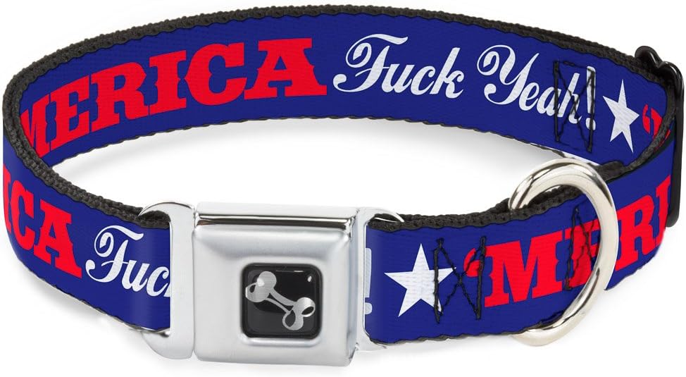 Dog Collar Seatbelt Buckle Merica Fuck Yeah Star Blue Red White 9 to 15 Inches 1.0 Inch Wide