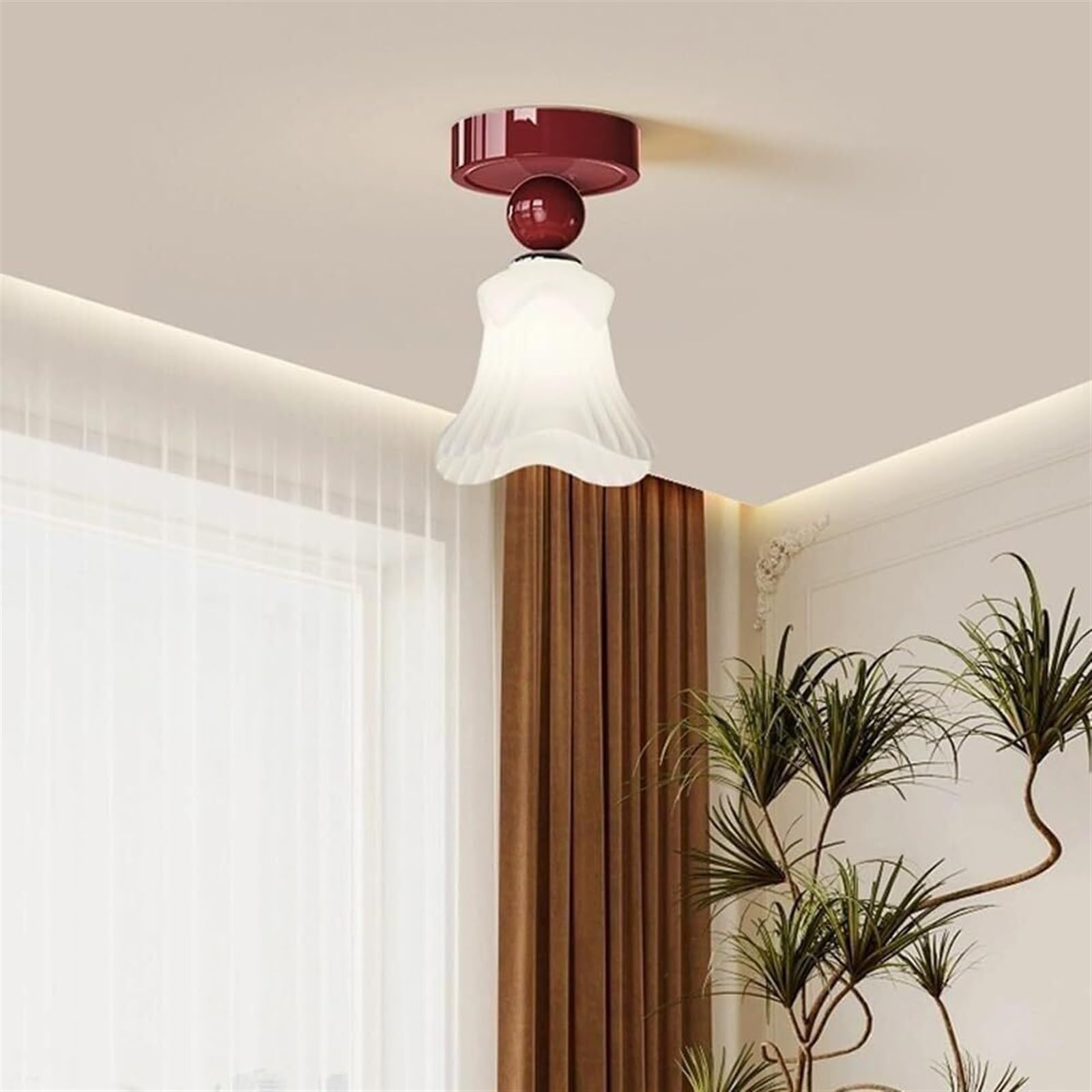 Nowoczesna kremowa lampa sufitowa do przedpokoju - Nordic Creativity Wino Czerwone Półwpuszczana na wyspę kuchenną, francuski minimalistyczny kwiat mleczny wisząca do sypialni, przedpokoju i