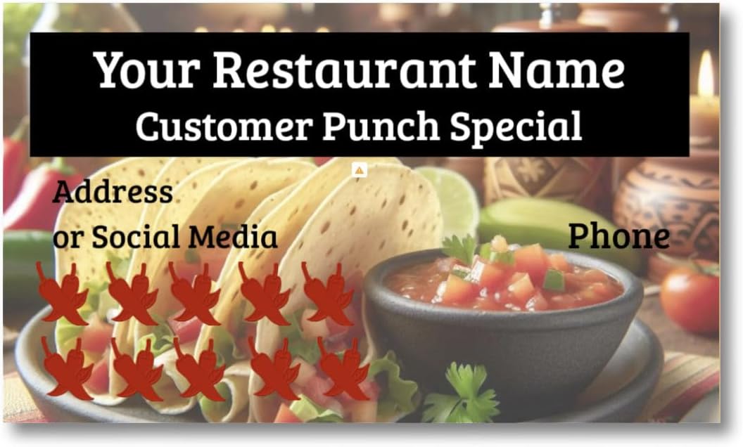 Customize YOUR COMPANY Mexican Restaurant Tacos, Burittos Loyalty Punch Business Cards Personalized with your business info (500), regular, Red