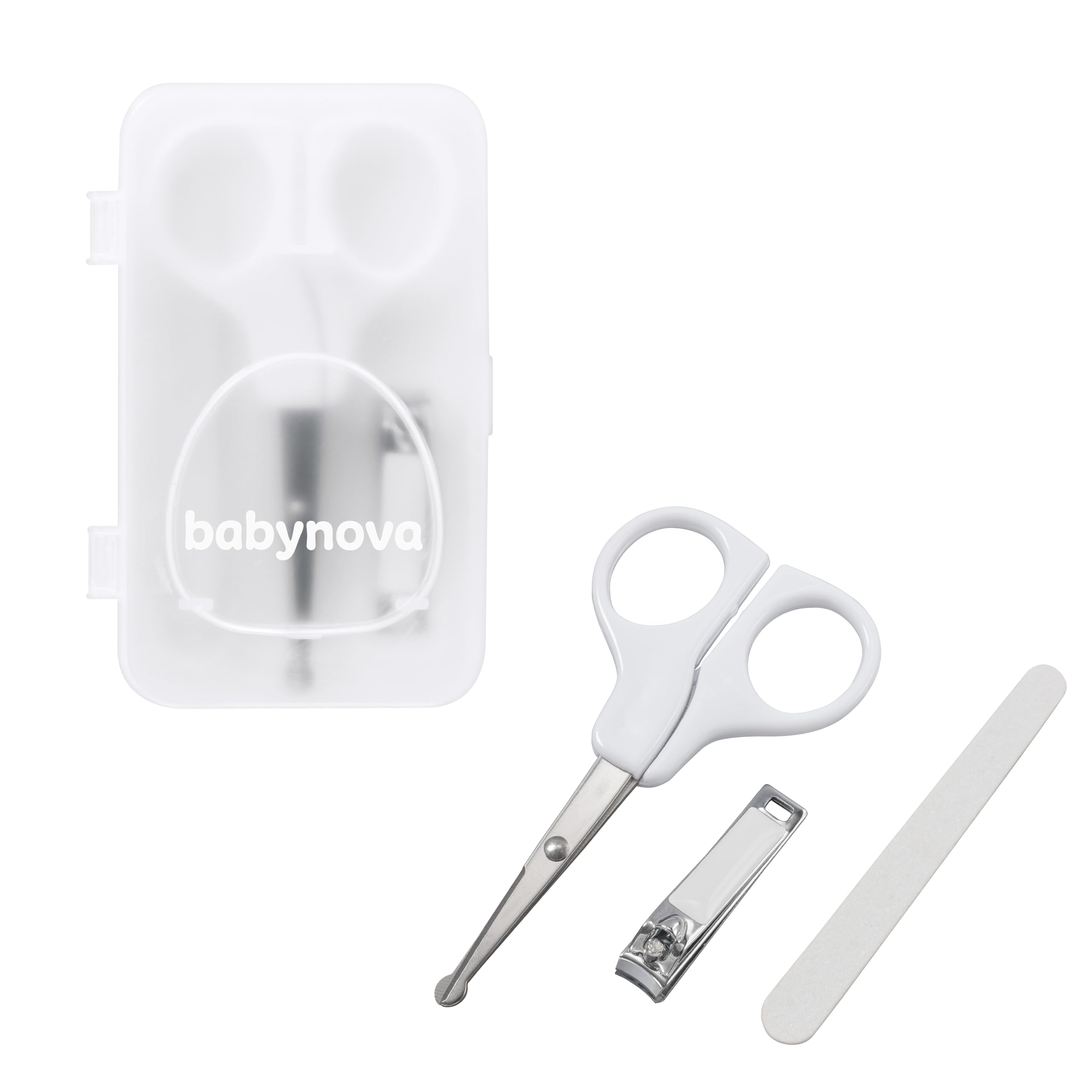 babynova Maniküre Set für Babys – Sicheres Baby Nagelpflege Set mit Schere mit abgerundeten Spitzen, Nagelknipser & Feile – Hygienische Aufbewahrungsbox für Reisen & den täglichen Gebrauch – BPA-frei
