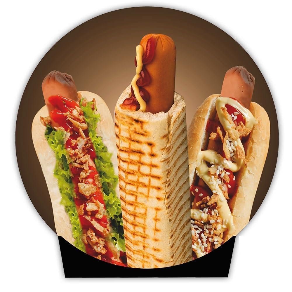 Dwustronny potykacz reklamowy 190 x 74 cm, wodoodporna tablica z ABS w brązowej ramie drewnianej do kawiarni, pizzerii i restauracji (14. Hot dogi)