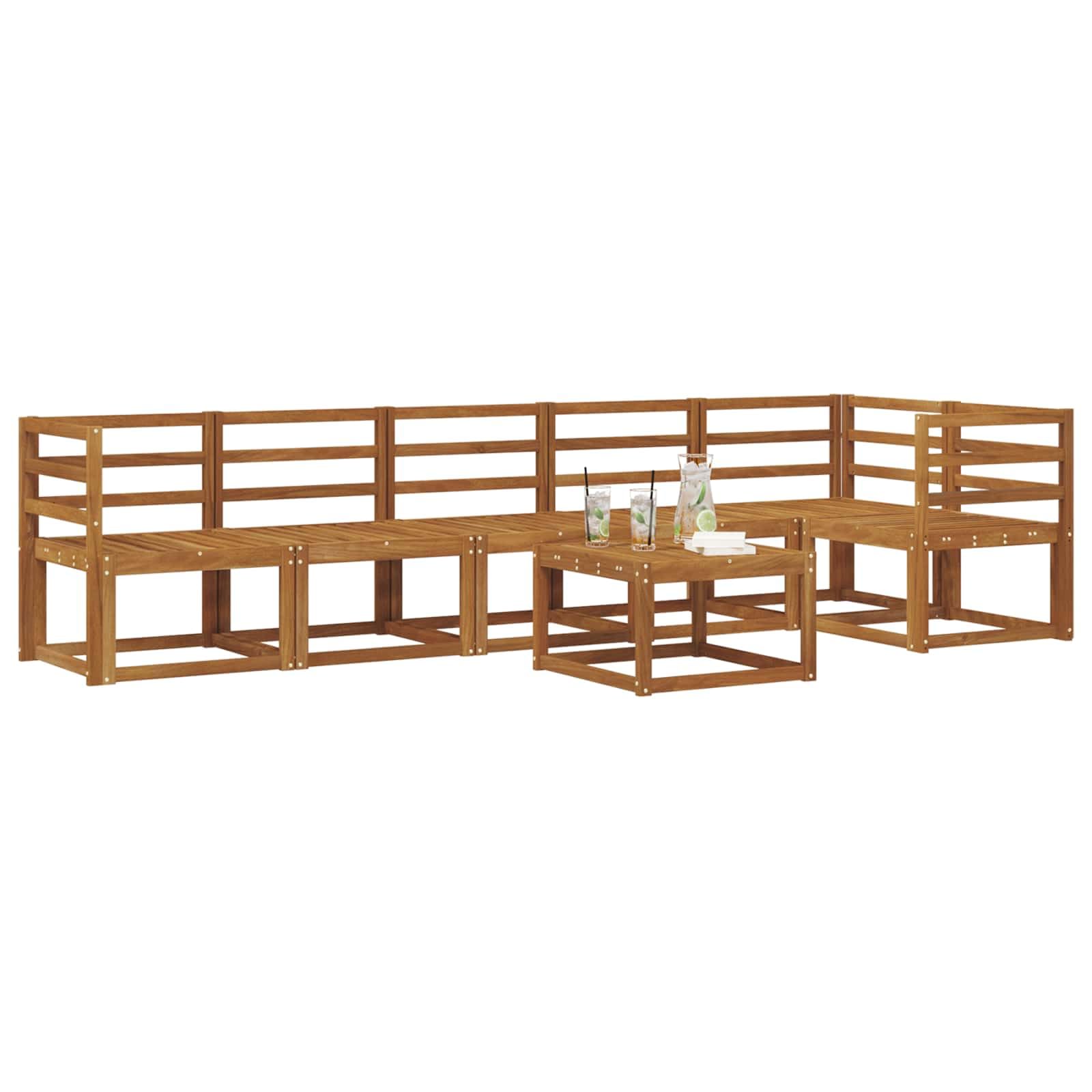 Set da 7 divani da esterni in legno di acacia, set modulare da giardino marrone naturale con poltrona angolare, sedili centrali e tavolo per giardino, terrazza e balcone