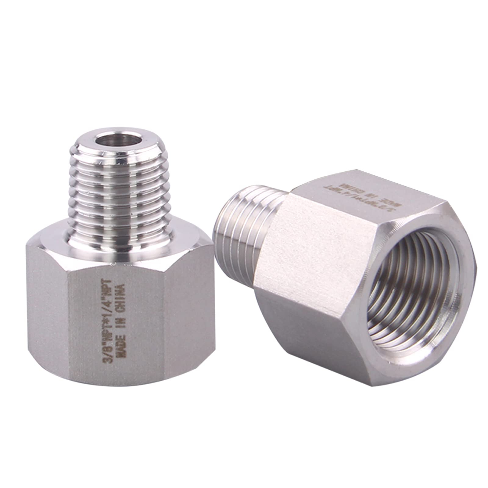 Forged Reducer Adapter Fitting - Stainless Steel 304 Reducing Pipe Connector, 3/8" NPT Female x 1/4" NPT Male (pack of 2)
