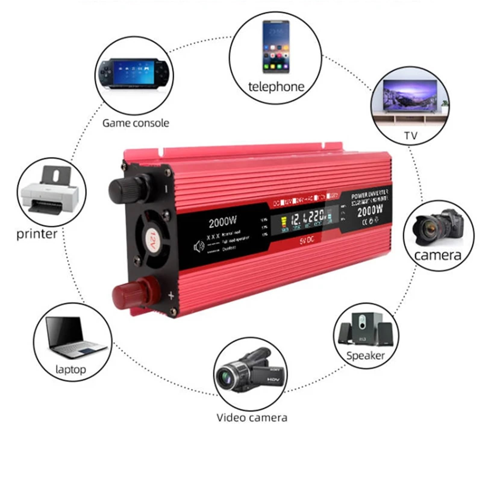 Inversor de Corriente for Coche, 2000W, Pico DC12V/24V a 220V, Enchufe Europeo, Pantalla LED de 50HZ, Onda sinusoidal modificada con enchufes de CA USB 2.1A(12V 220V EU)
