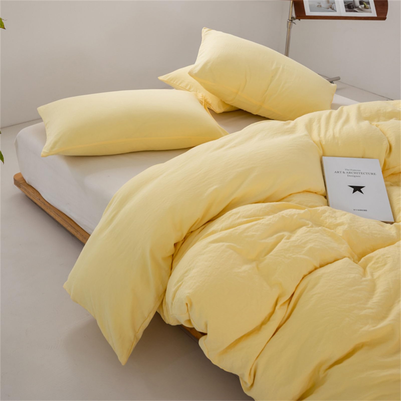 Odot Color Sólido 3 Piezas Ropa de Cama,Juegos de Funda para Edredón con Funda de Nórdico y 2 Funda de Almohada, Juego Ropa de Cama para Cama Infantil y Matrimonio (180x220cm,Amarillo pálido B)