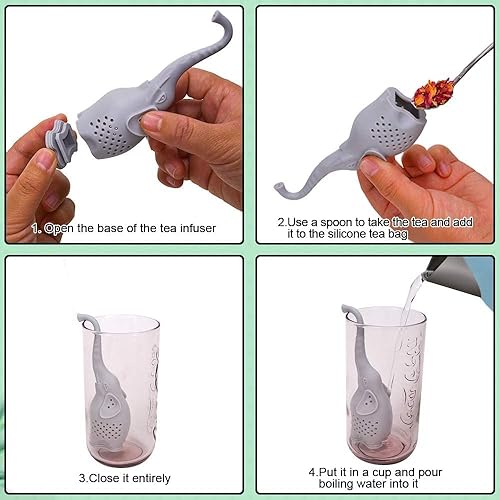 Miniatura 5 de Besego - 2 infusores de té de silicona, con cucharita de acero inoxidable, bonito filtro de té para los amantes del té, elefante, Gris