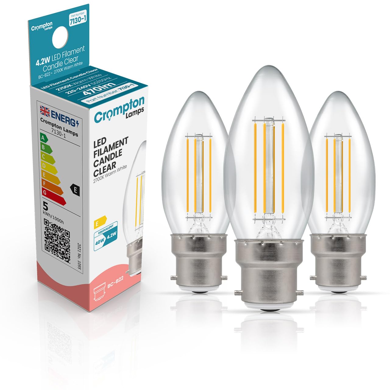 Crompton Lamps Filament Candle LED Light Bulb BC-B22d | 4.2W = 40W Equivalent | Warm White 2700K | Energy Efficient | Bayonet Lightbulb | Long Life 10,000-Hrs | Clear Glass | Dimmable | 3-Pack