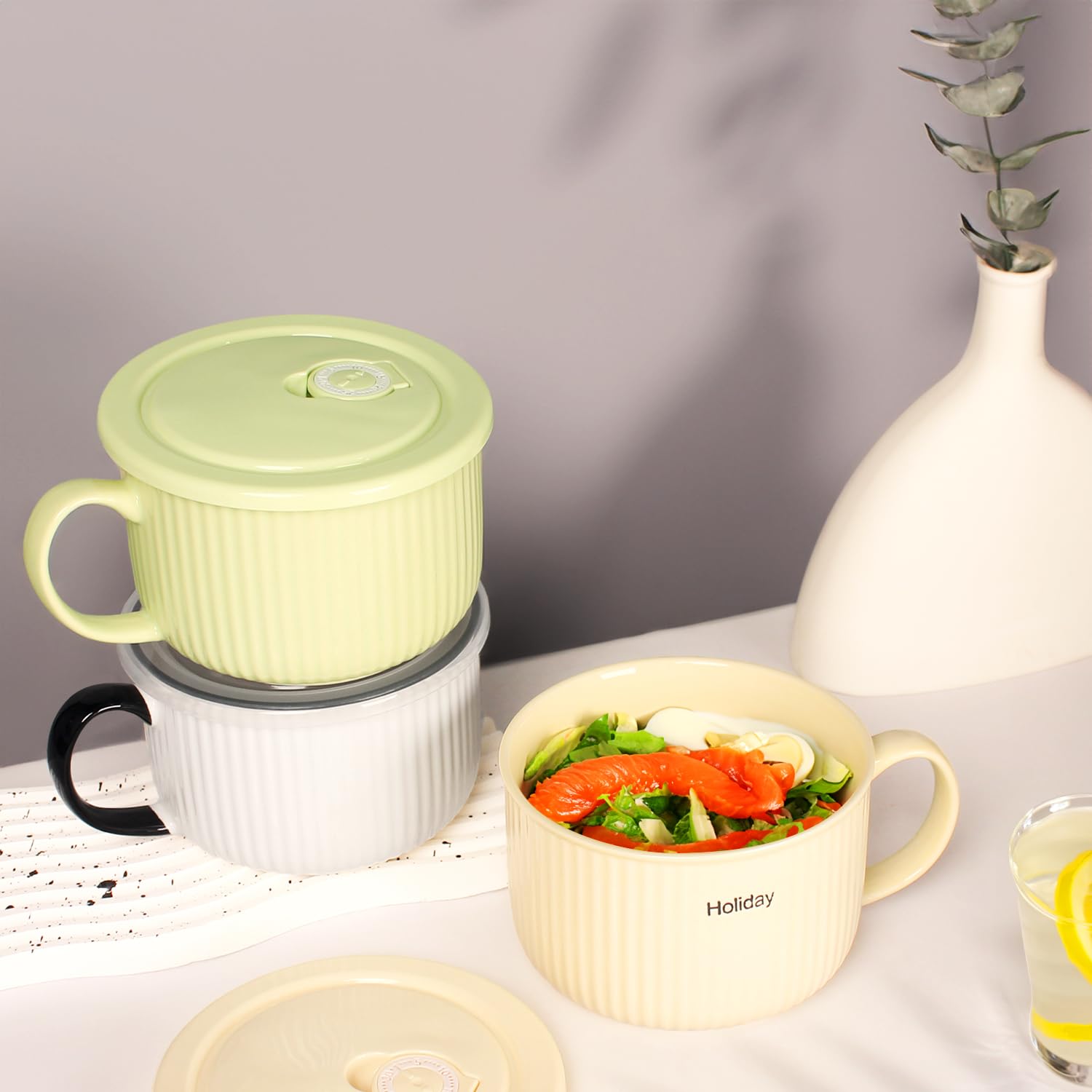 Tazones De Fideos Para Microondas Con Tapa, Juego De Tazones De Ramen Con Soporte Para Telefono Cuenco Grande De Sopa De Paja De Trigo De 40 Onzas