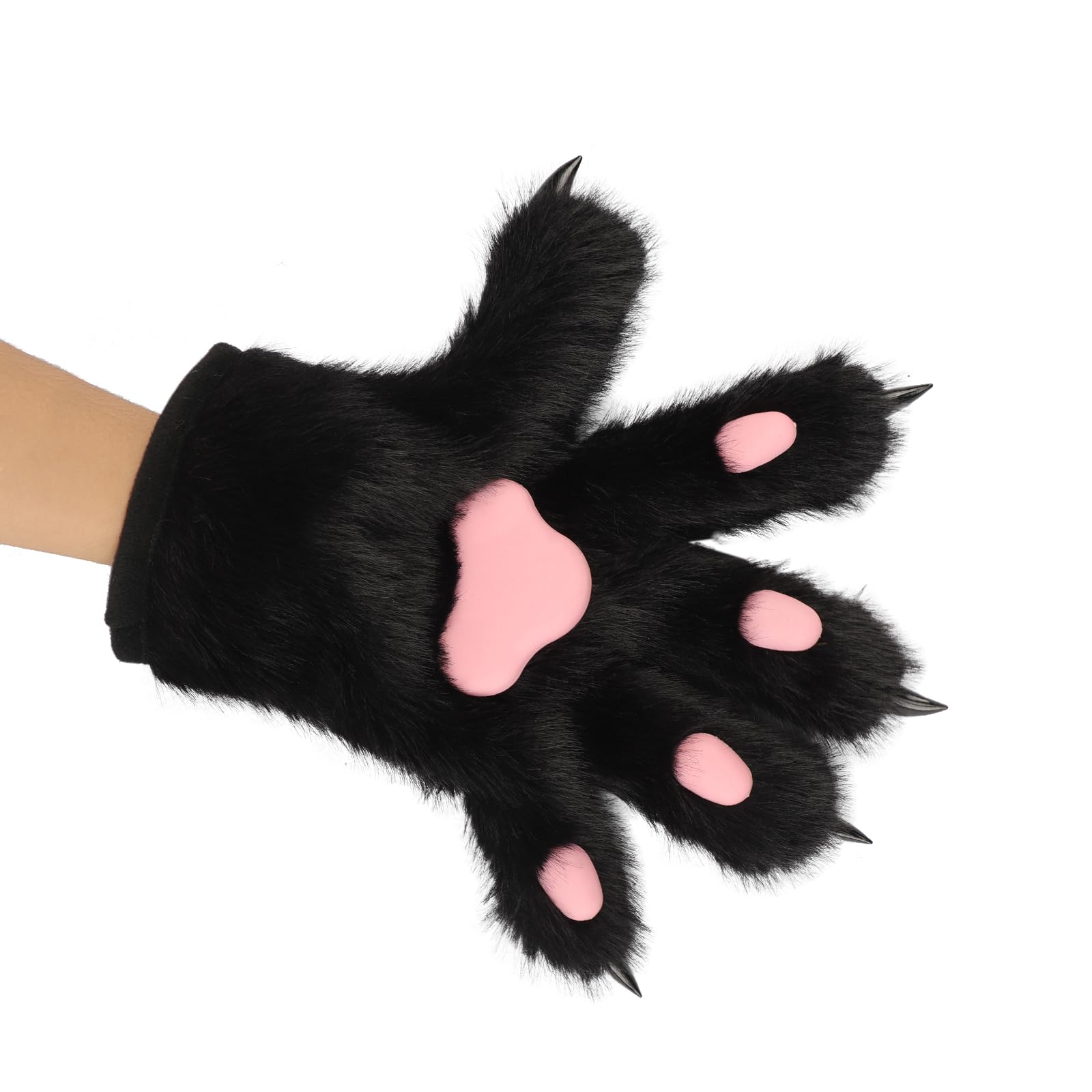 Furry Cat Claw Glove Faux Fur Plush Animal Paw Glove Hand Paws Mittens Halloween Costume Cosplay Costume (Black Pink, one size) - Image 3