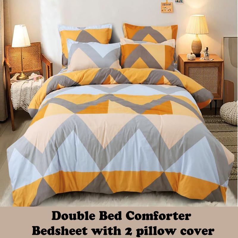 Image of Polycotton Printed 120 TC Comforter & Bedsheet Double Bed Bedding Set, Queen Size (90x100 inch), Yellow & Grey, 4 Pieces