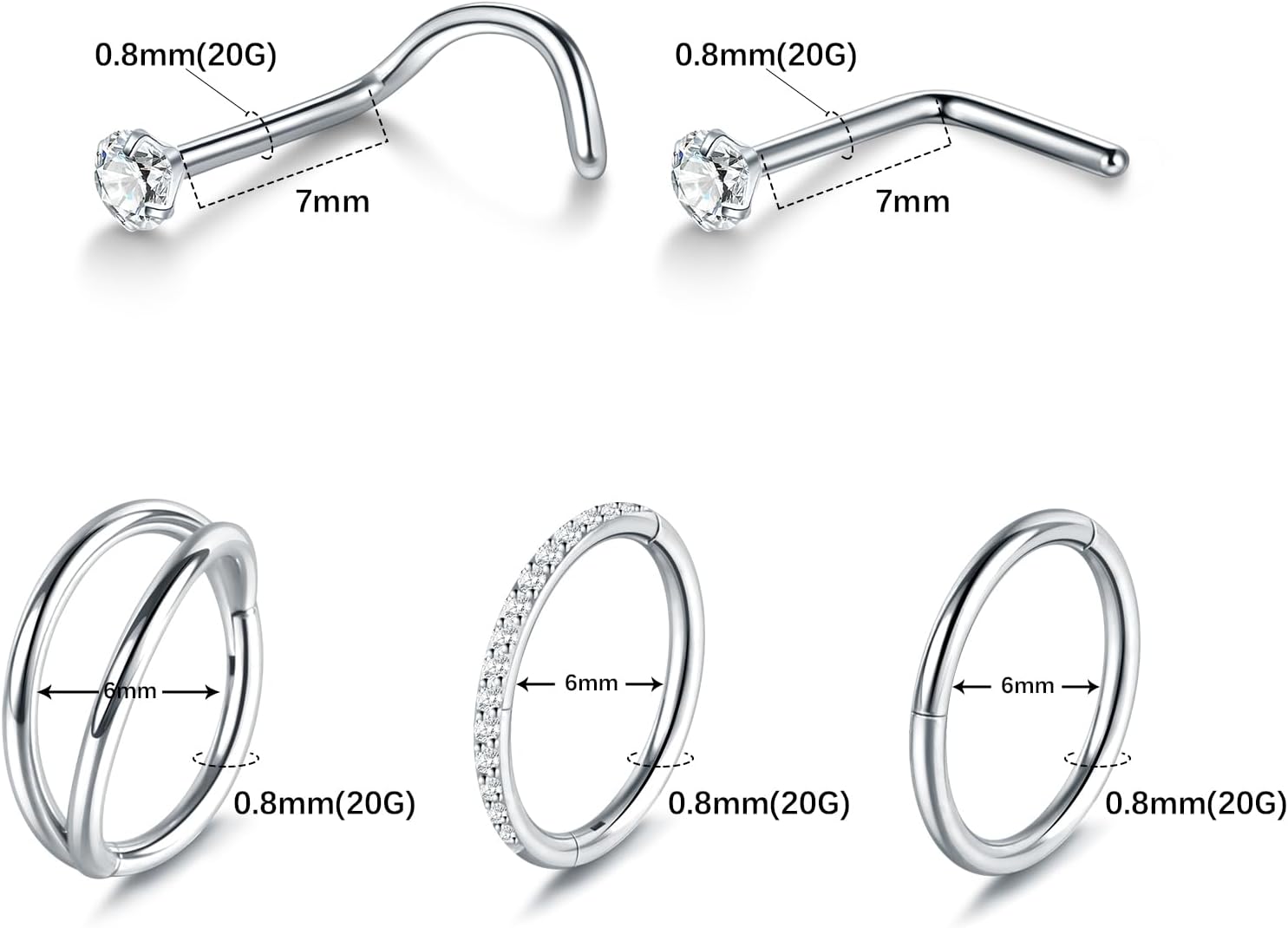 Xpircn 5pcs Hoop Nose Rings and L Shaped Nose Rings Stud Set 18G/20G Stainless Steel CZ Helix Conch Daith Tragus Cartilage Hoop Earrings for Women 6mm 7mm 8mm 10mm - Image 2