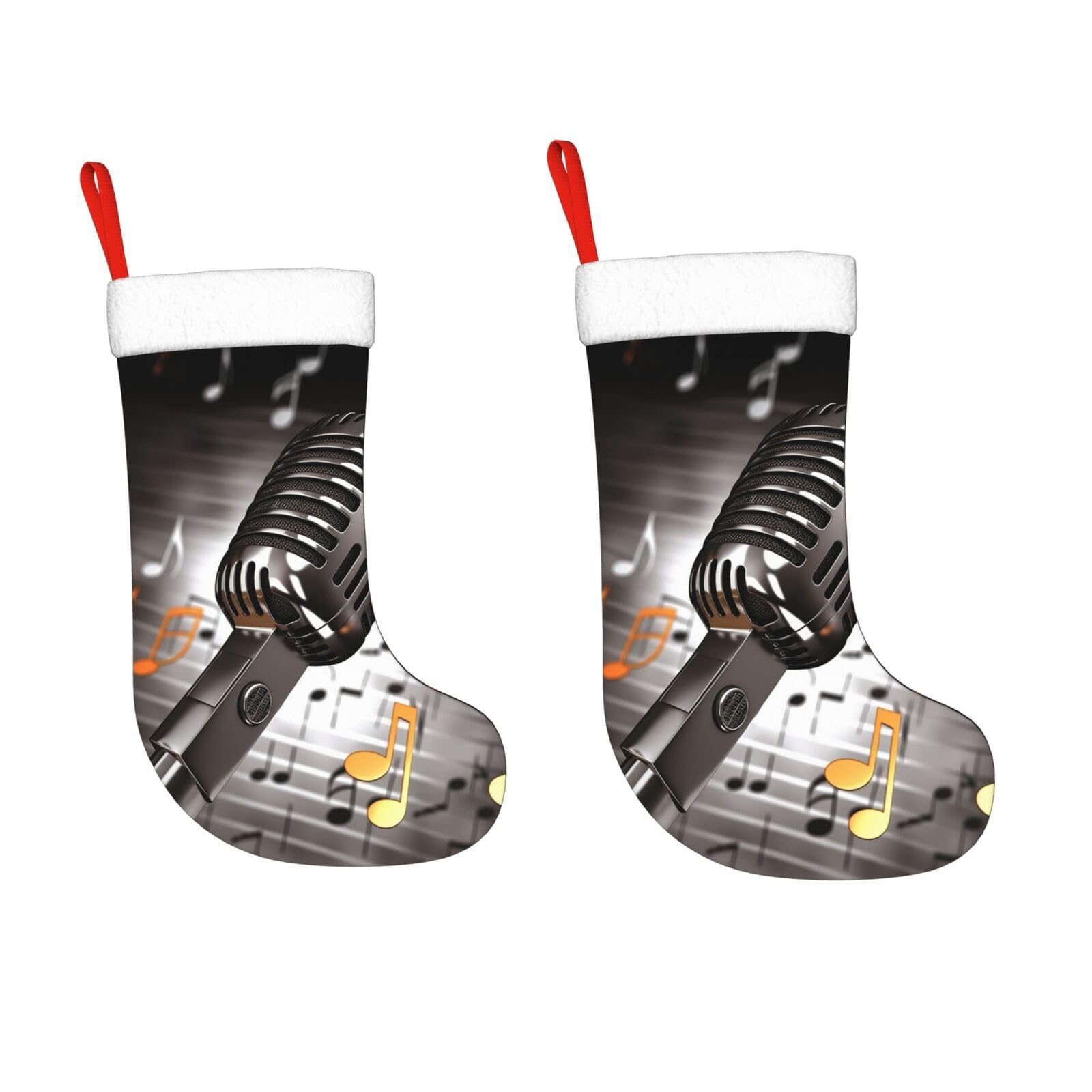 KLOPH 2 Pack 18 Inches Christmas Stockings Personalized Microphone with Music Notes Xmas Stocking Hanging Decoration Fireplace Stocking for Holiday Xmas Tree Christmas Fireplace Decor Gifts