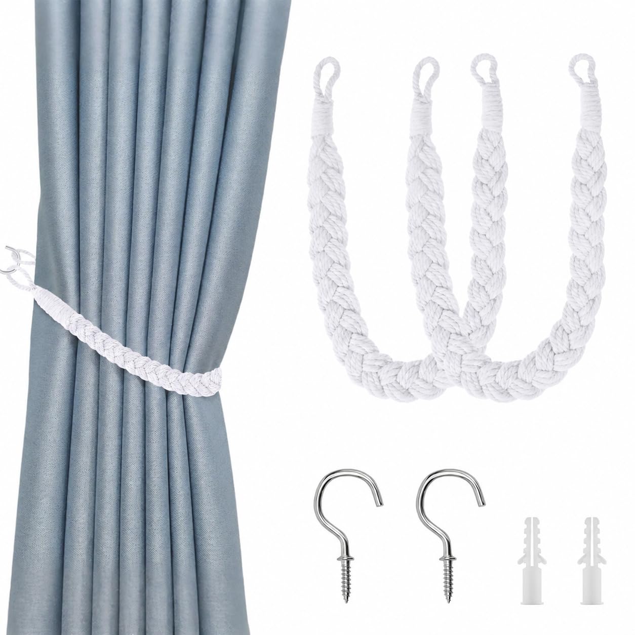 2 Pack Rope Curtain Tie Backs, Hand-Woven Natural Cotton & Boho Style Decorative Curtain Tiebacks with Metal Hooks, Soft Braided Curtain Ties for Home and Office Drapery