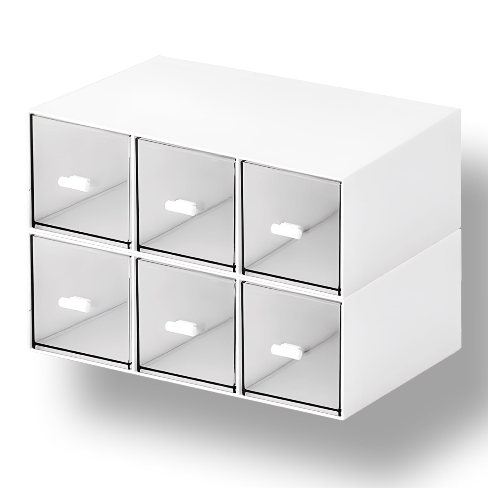 Osteed 2 Tall Layers & 6 Drawers, White Stackable Desk Organiser 6 Drawers, Small Plastic Drawers, White