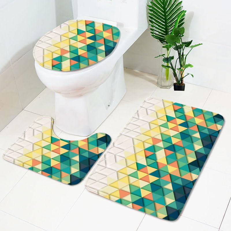 Bad Teppiche Set Gelbgrüne Geometrie Badezimmerteppich Waschbar WC Vorleger mit Ausschnitt und WC Deckelbezug 3 Teilig Badematte rutschfest Toilettensitzbezug Badgarnitur 45x75 cm
