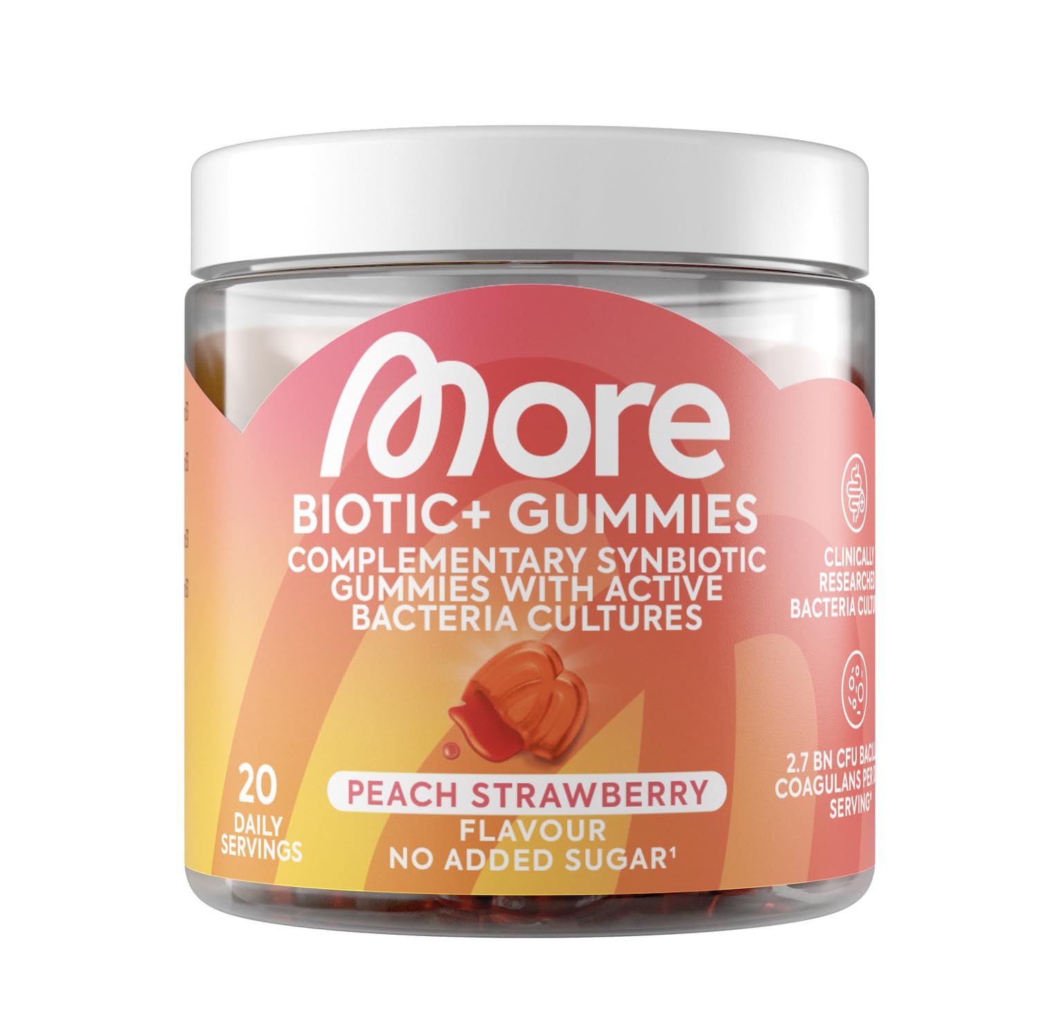 MORE Biotic+ Gummies, 40 Gummies, Peach Strawberry, 20 Portionen an Gummibärchen mit aktiven Bakterienkulturen, kein zugesetzter Zucker¹