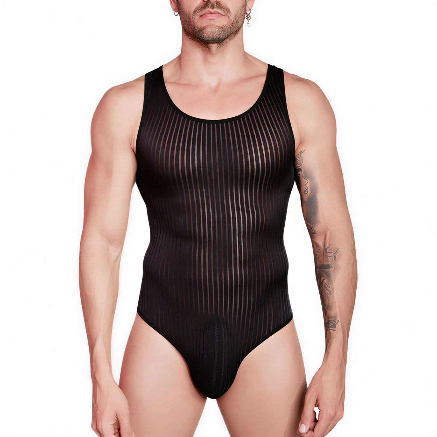 ROSVAJFY Men's Mesh Bodysuit See Through Undershirt Striped One Piece Mens Wrestling Singlet Sheer Lingerie for Men Naughty Leotard Sexy Clubwear Stretchy Nightwear Slim Fit