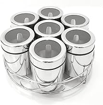 Atrock Masala Box For Kitchen | Steel Containers | Spice Storage Kitchen Containers| Masala Dabba Steel | 7 Containers, 7 Small Spoon & 1 Wire Stand | 190Ml Each Container, Stainless Steel - Silver