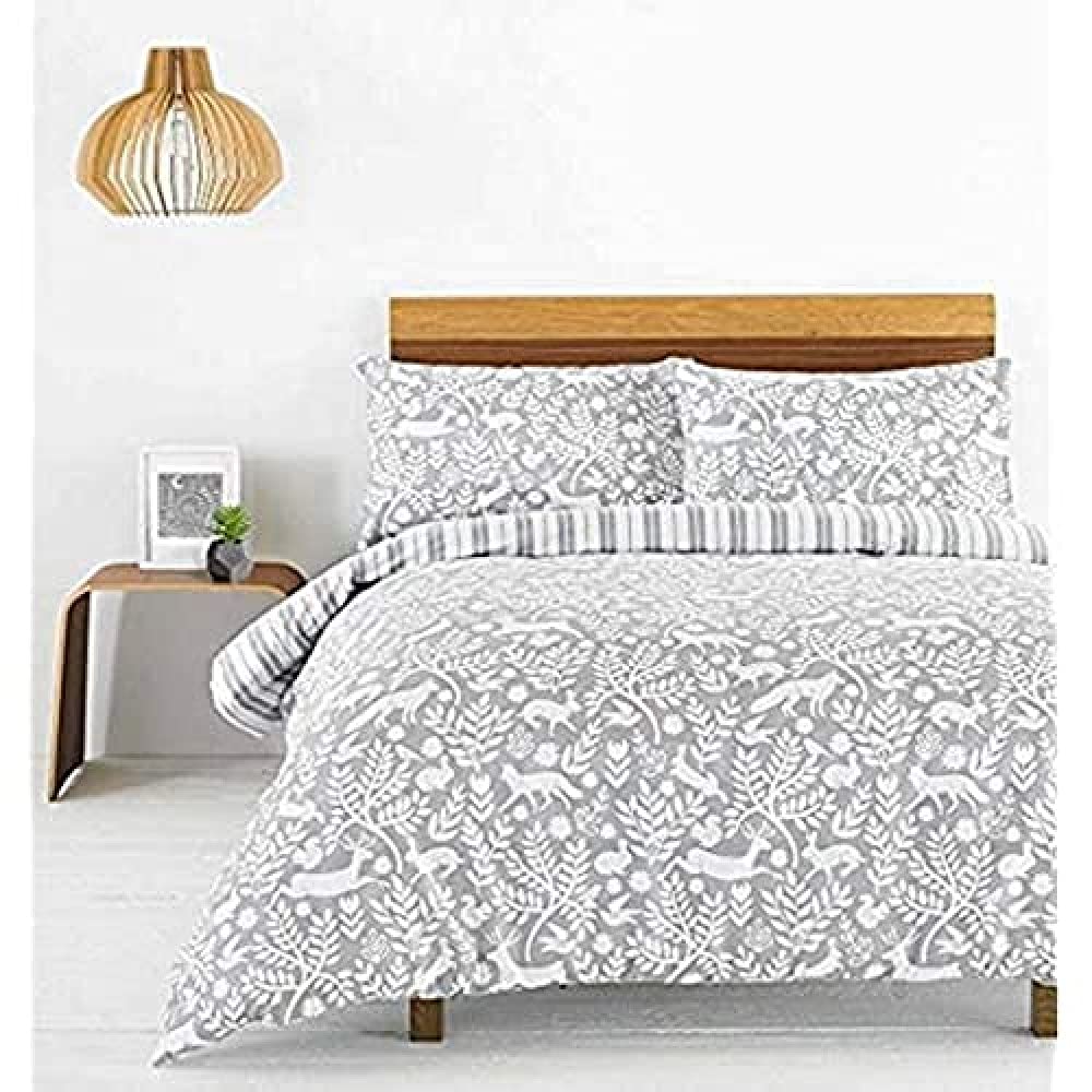 Creative Cloth Skandi Woodland Super King Duvet Cover Set - Grey White - Scandinavian Woodland Animal Design - Striped Reverse - 100% Cotton - Machine Washable - 260 x 220cm (102" x 87" inches)