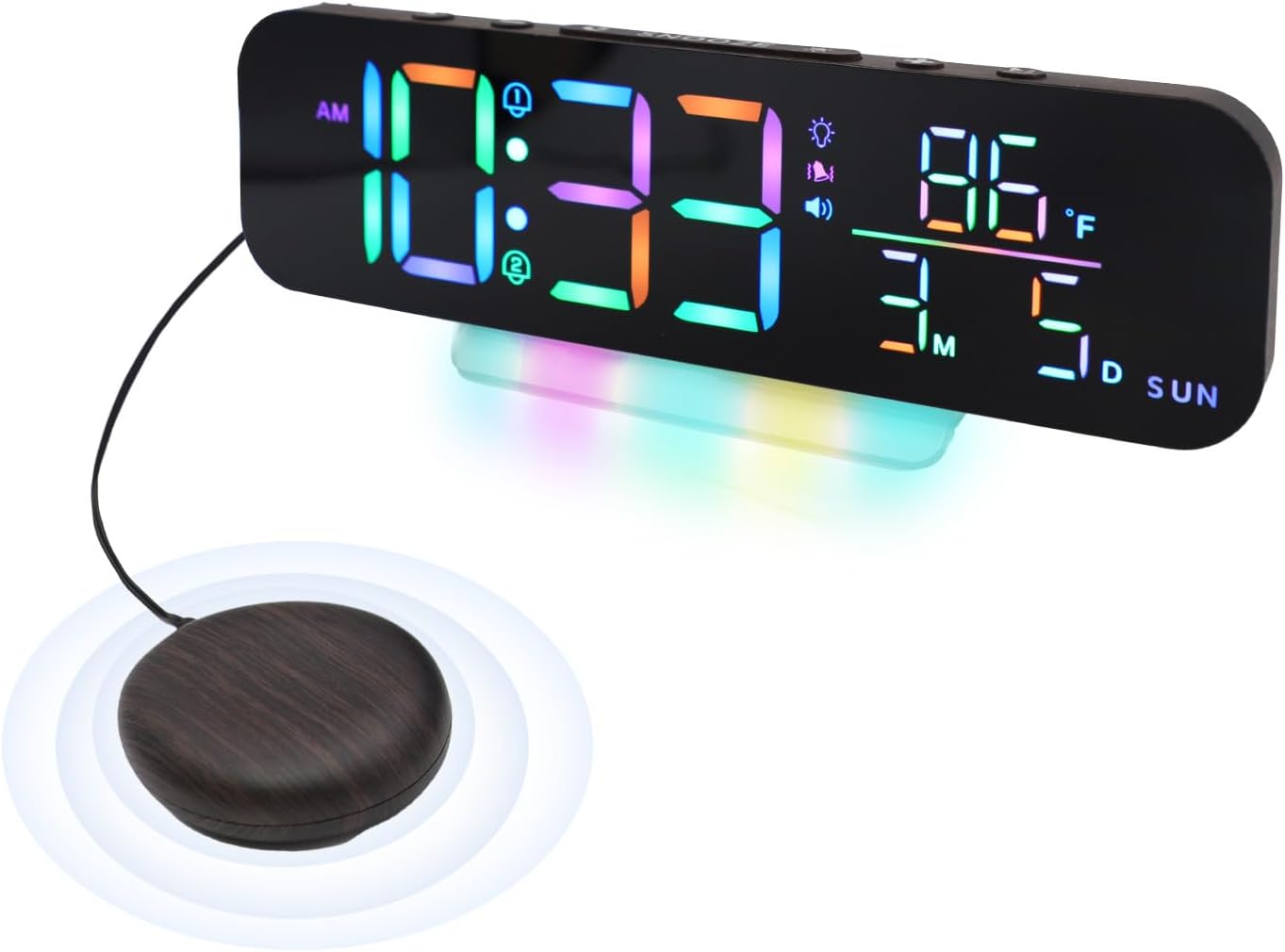 Extra Loud Vibrating Alarm Clock,Large LED Digital Display,Dual Alarms,Multiple RGB Colors,Dimmable Volume Adjustable,for Deep Sleepers and Hearing Impaired Deaf Seniors (Wood Grain)
