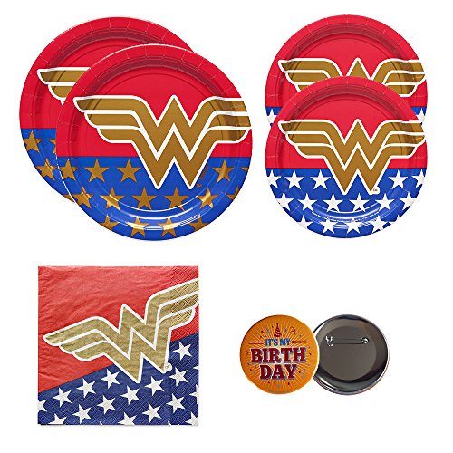 Razzle Dazzle Celebrations Officially Licensed Wonder Woman Party Supplies for 16 Guests - Small and Large Plates, Napkins + Birthday Button