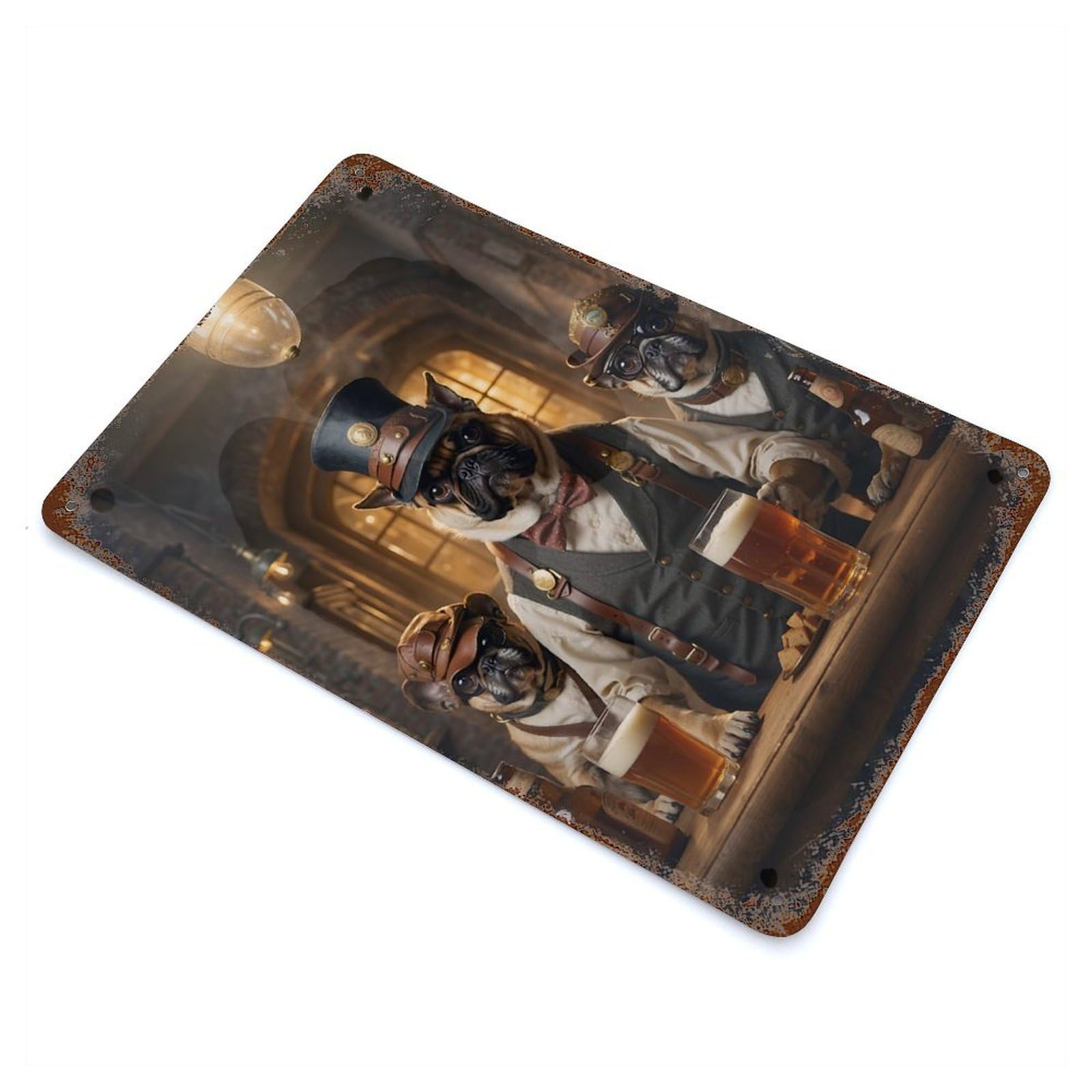 Distressed Metal Wall Sign Steampunk Craft Beer Pugs 11.8"x7.9", Retro Wall Decor for Basement, Hobby Room And Garage Decor