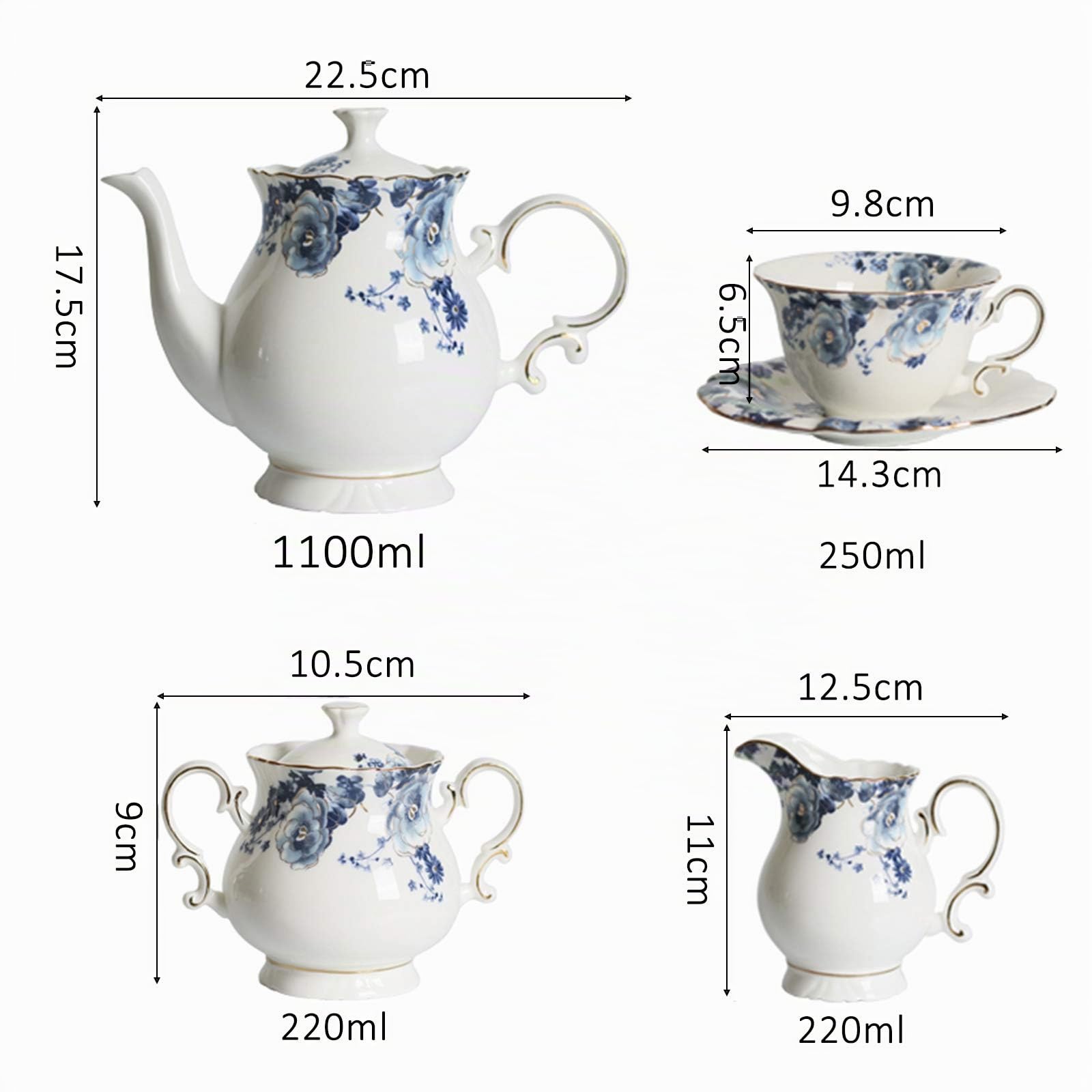 fanquare 15 Pièces Services à Thé en Porcelaine Fleurs Bleues,Ensemble de Café en Céramique Vintage,Service de Table de Mariage pour Adultes