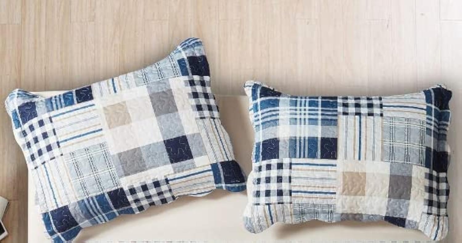 Brilliant Sunshine Blue Plaids and Stripes Patchwork Pillowshams Set, Quilted Standard Pillowcases, 20x26 with 2" Flange, Scalloped Edge Pillow Covers, Pack of 2, Blue