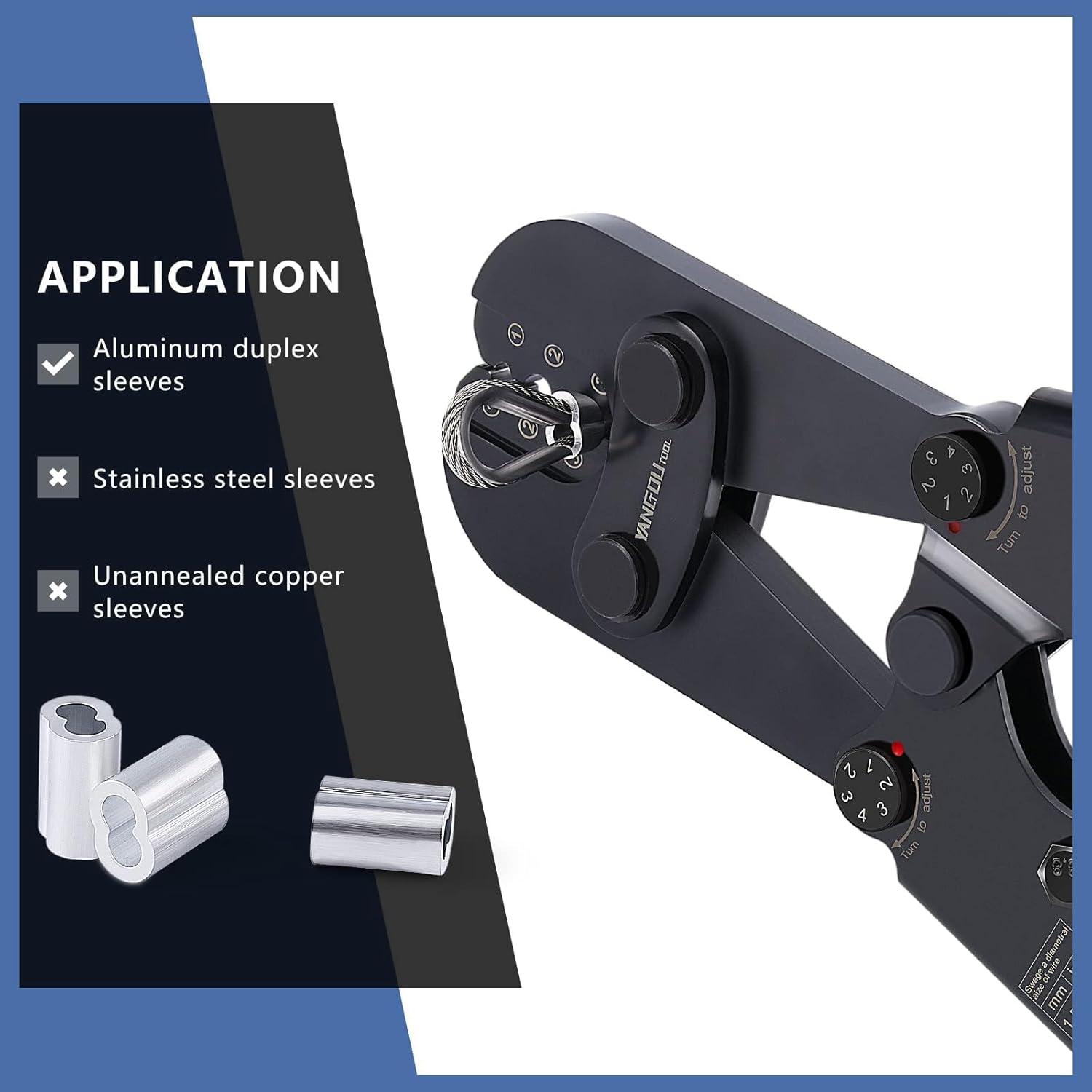 Yangoutool Wire Rope Crimping and Cutting Kit: Suitable for 1/16inch (1.59mm) to 1/8inch (3.18mm) Steel Cable Swaging, Includes 100pcs 1/8inch Aluminum Double Barrel Sleeves and 50pcs M3 Loop Thimbles