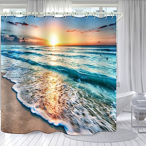 Image of LYFANS Beach Sunset 3D Waterproof Fabric Shower Curtains for Bathroom | luxurious Bathtub Standard Shower Curtain, And Bright , (59x72 inches)