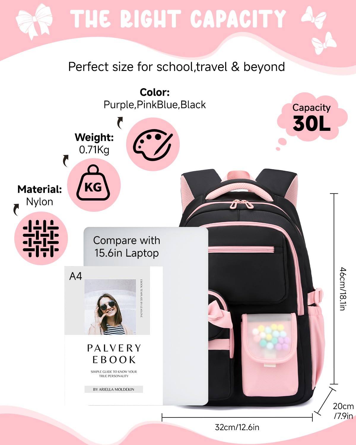 Amythe Zaino per Ragazze Scuola Elementare e Media - Zaino Scuola Grande 30L per Porta PC 15.6", Zaini Casual Impermeabile per Adolescenti 10-18 Anni - Adatto a Carrelli -Rosa