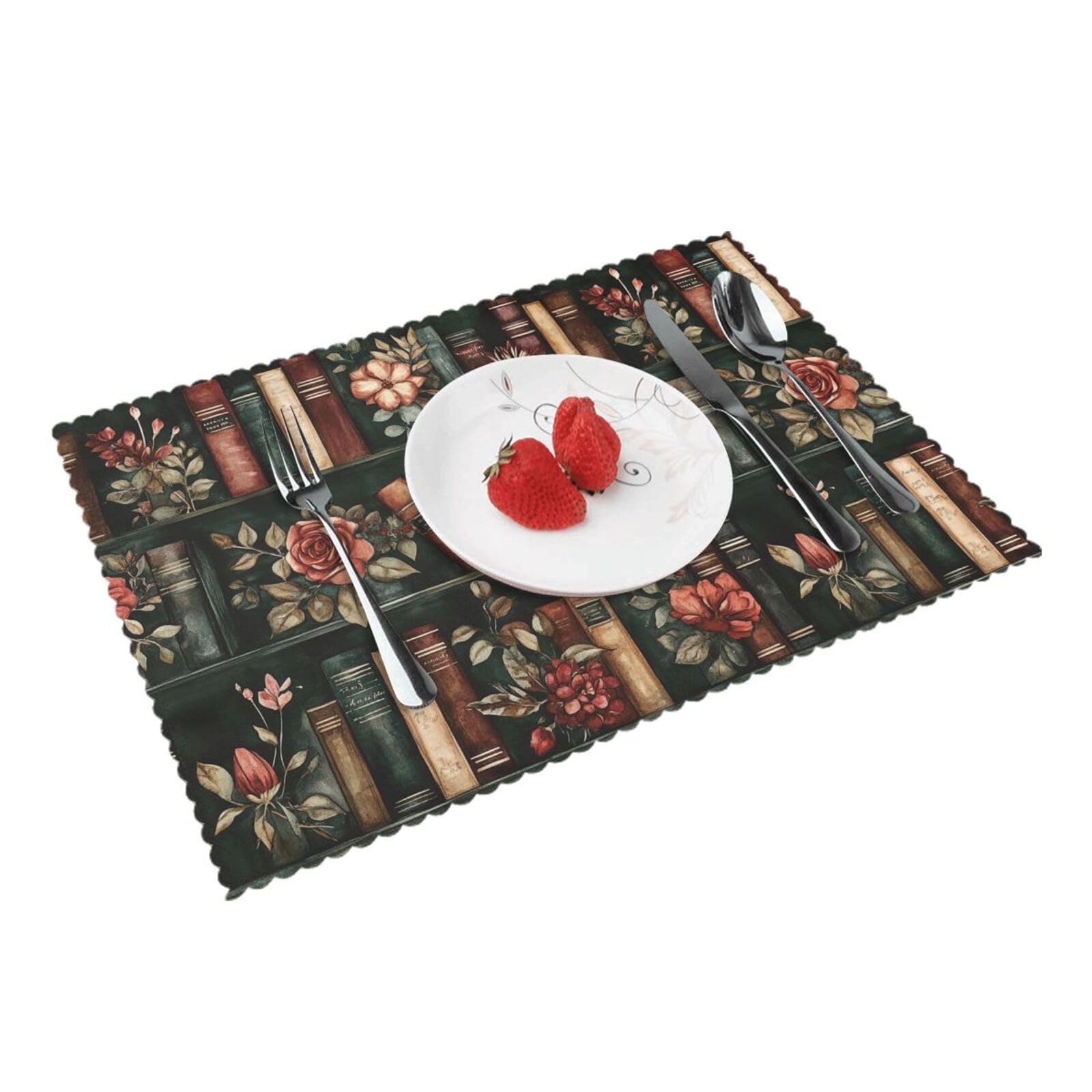 Bookshelf Booklovers Flowers (4) Placemats Set of 4 Print Table Mats Place Mats Table Decor for Kitchen Dining 12X18 in