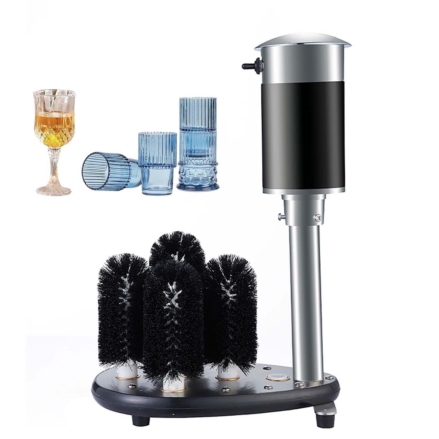 Lavadora eléctrica de vidrio, 4 cepillos, 130 W, 240 rpm, limpiador comercial para copas de vino, tazas de cerveza, 8-10 cm de diámetro, 600-800 tazas/hora