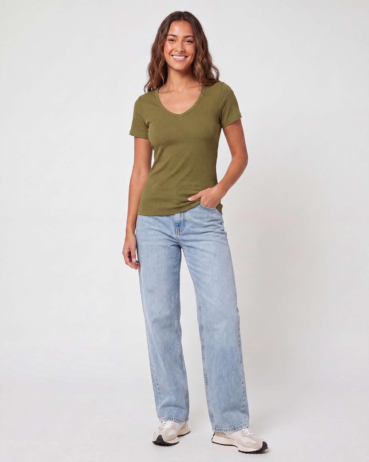 Real Essentials 5 Pack: Women's Ribbed V-Neck T-Shirt Short Sleeve Tee Shirt Soft Casual Lounge Everyday Top Ladies Teens
