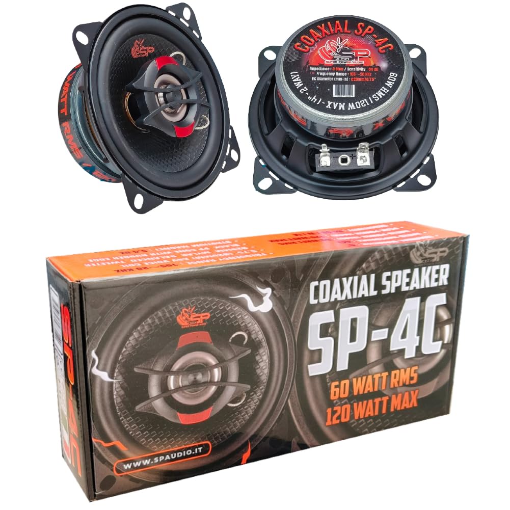 SP Audio 2 SP-4C altoparlanti diffusori coassiali a 2 vie, 4" 10 cm 100 mm, 60 watt rms 120 watt max, impedenza 4 ohm, sensibilità 84 db, portiere, sportelli, auto, a coppia