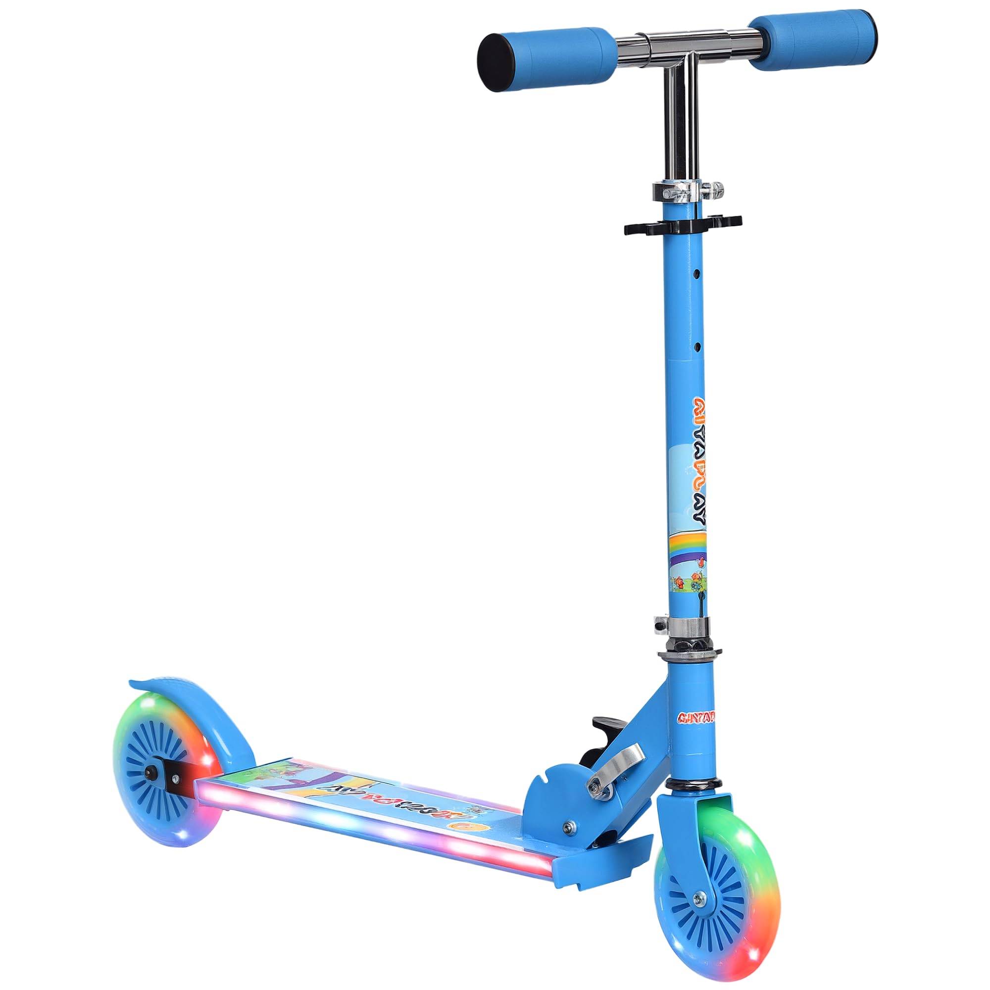 HOMCOM Trottinette pour Enfants de 3 à 7 Ans, Roues légères et Pliables en PU, 12 lumières LED, Musique, 4 Niveaux de réglage de la Hauteur du Guidon, Frein à Friction, Bleu