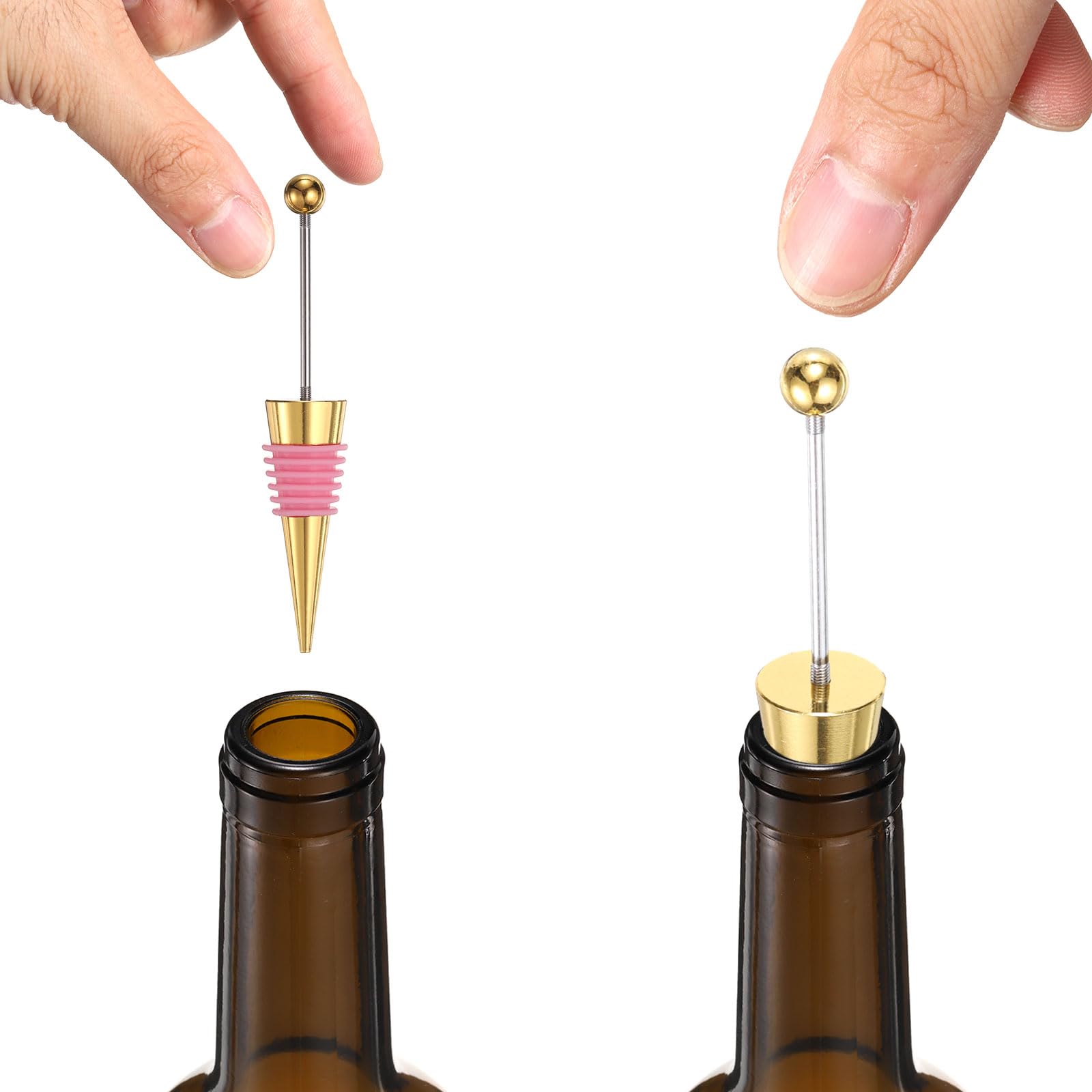 uxcell 10 tapones para botellas de vino con cuentas, tapón de vino, tapón de vino, tapones reutilizables para botellas de vino, tapones de sellado para bebidas, fiestas, bares, dorado/rosa