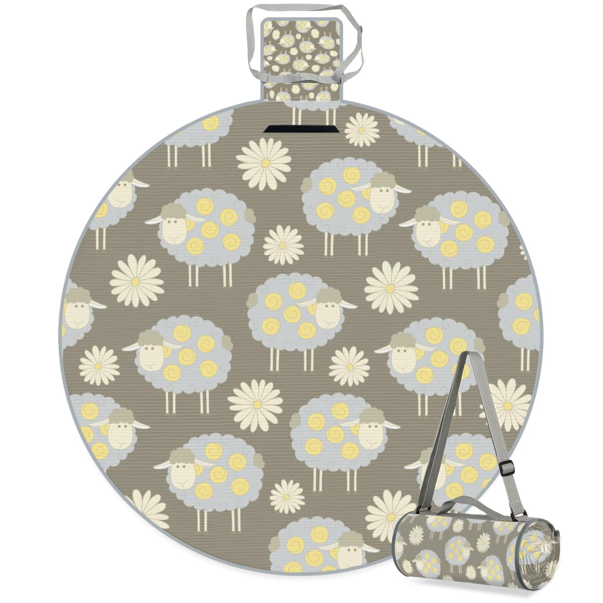 Shimoshe Sheep Daisy Picnic Outdoor Blanket Foldable Waterproof Sandproof Beach Blanket Portable Water-Resistant Round Picnic Mat for Travel Camping Park Lawn