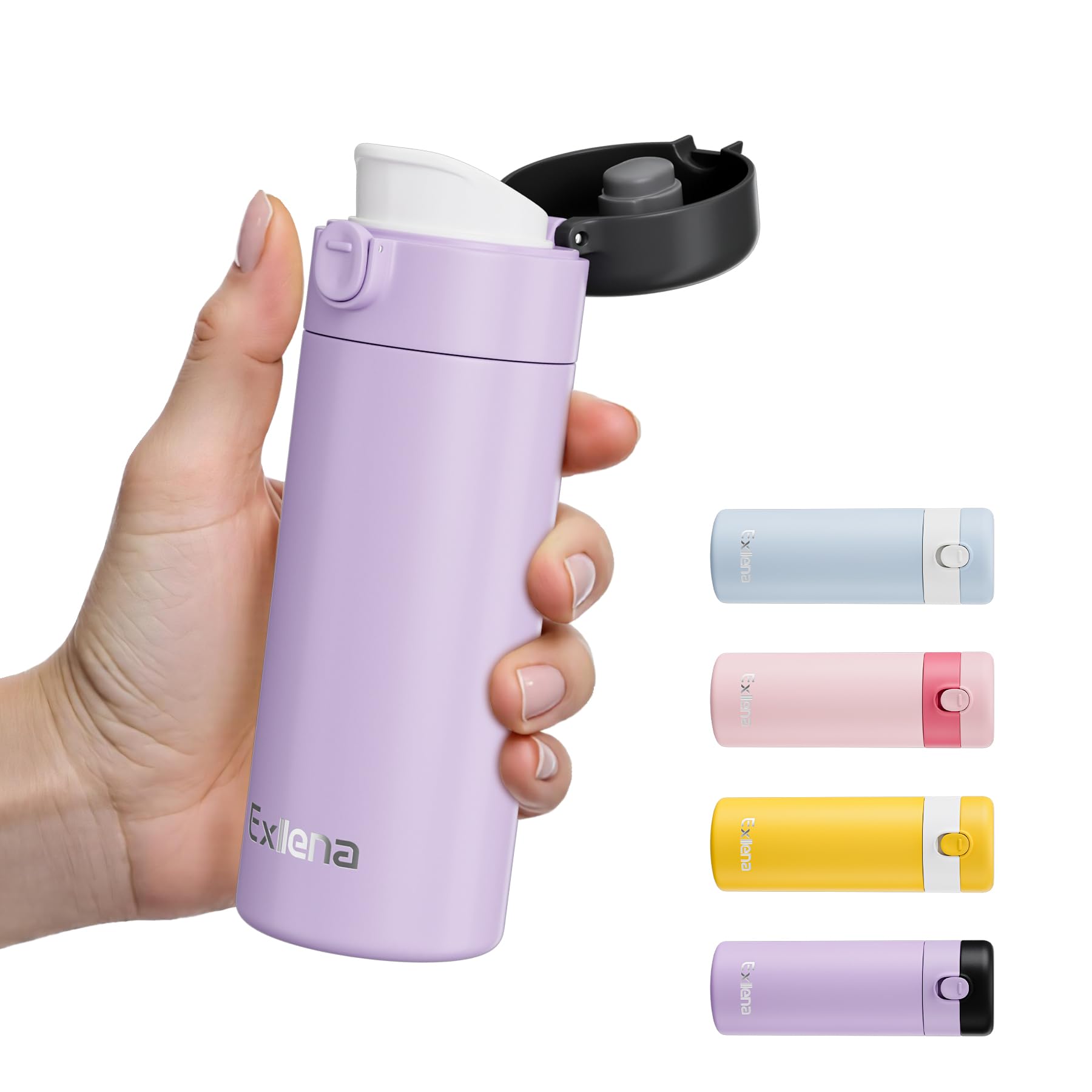 Exllena Small Insulated Water Bottle with Push-Button Lid – 220ml Mini Flask, Leakproof Mini Water Bottle for Coffee, Milk, Travel, School & Office Use(Violet & Black)